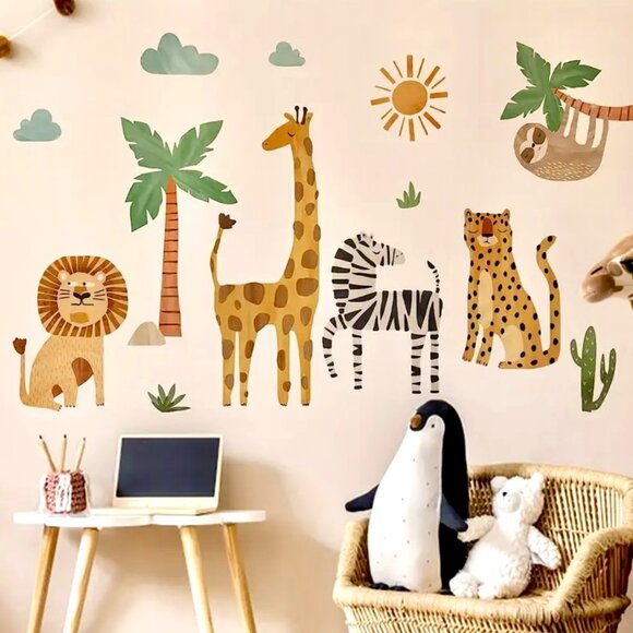 Fun Jungle Safari Animals Giraffe Lion Cheetah Zebra Sloth Reusable Wall Decals - Picture 1 of 3